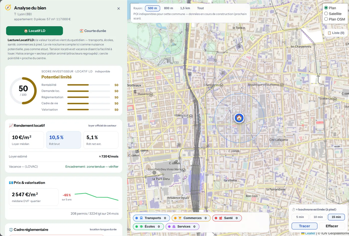 Analyse du bien — score investisseur et points d'intérêt cartographiés (localisation masquée)